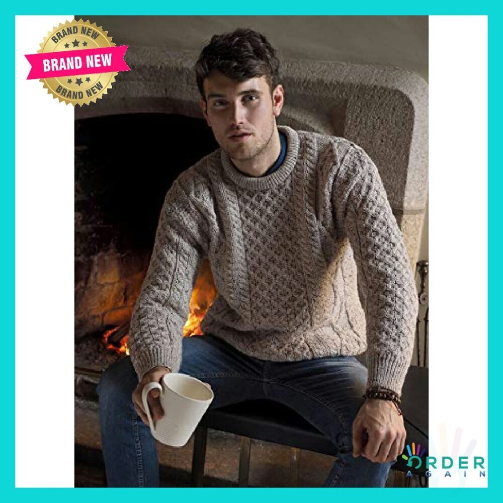 Cable Knit Wool Sweater Classic Unisex Crew Neck Lightweight Warm - Picture 3 of 8